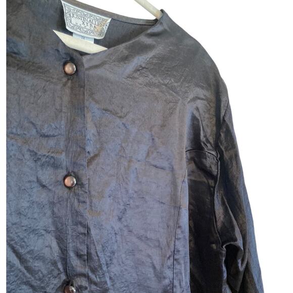 Womens Vintage Justin Allen Black Satin Polyester Collarless Button Up Size 2X - Picture 12 of 16